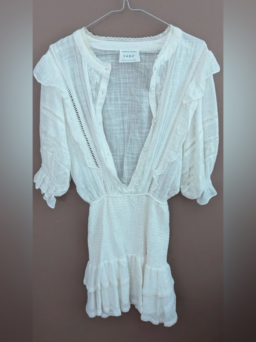 Sabo White Smocked Mini Dress with crochet & Ruffle Details 6 Medium